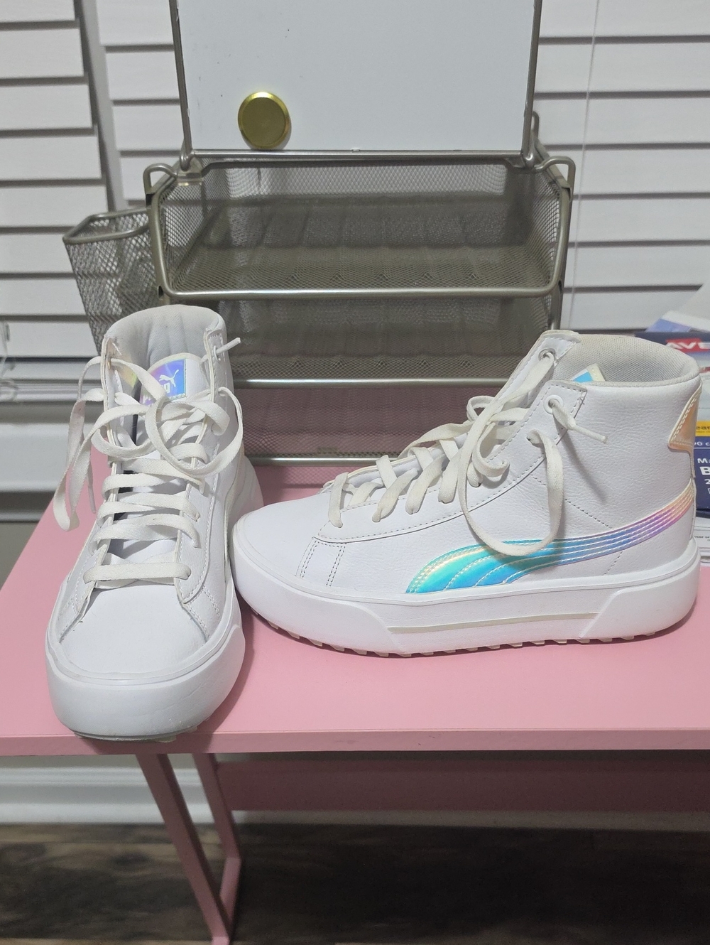 Puma Kids White High-Top Sneakers with Iridescent Blue-Purple Swoosh